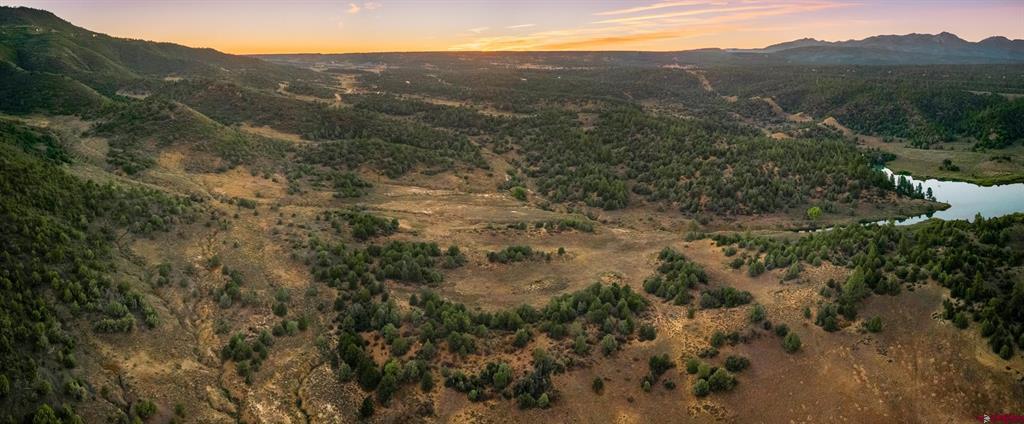 Aerial view of open land with scattered trees, distant mountains, and water at sunset.