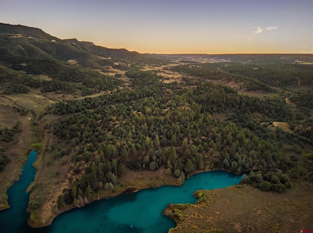 Aerial view of wooded vacant land surrounding a turquoise pond at sunset.