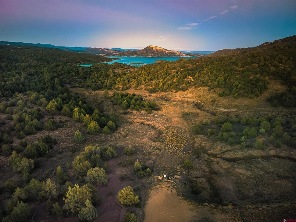 Aerial view of open, wooded land overlooking a turquoise lake and distant mountain ridges.