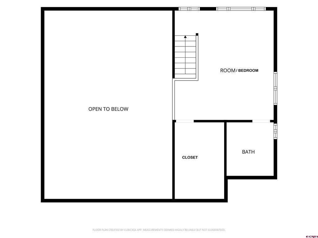 Upper-level floor plan with a bedroom, closet, bath, staircase, and open-to-below area.