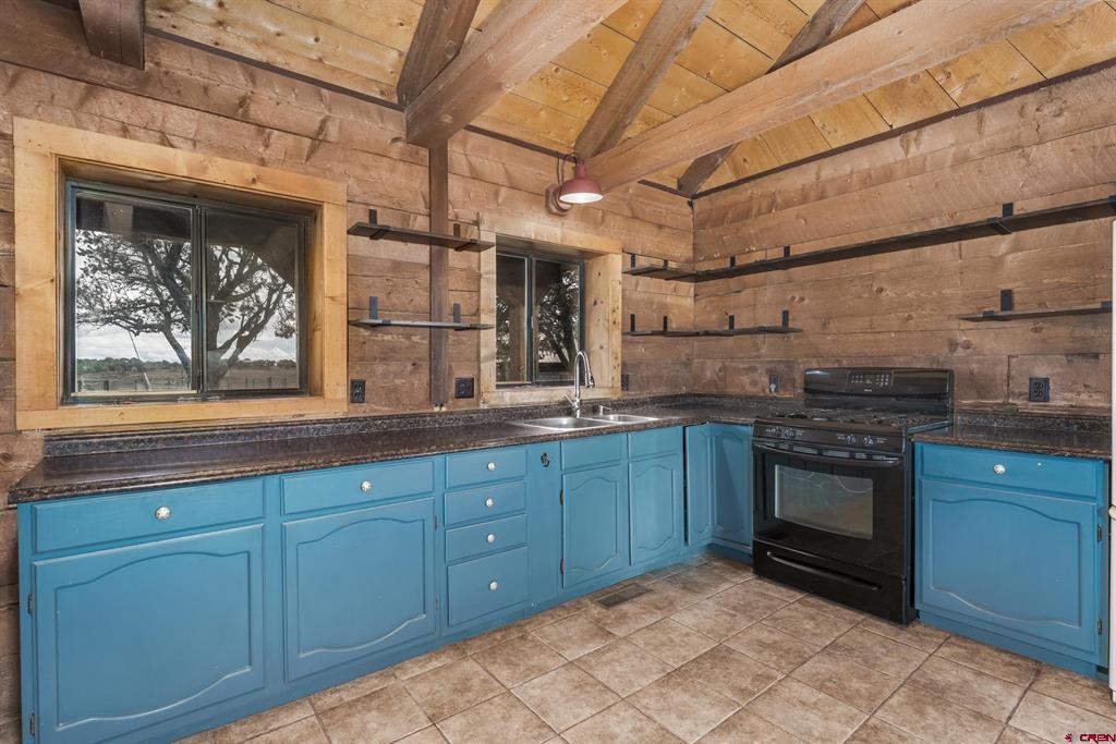 Kitchen with blue cabinets, a black range, and rustic wood walls and ceiling.