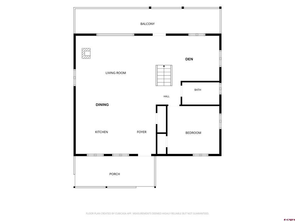Floor plan with living room, den, kitchen, bedroom, bath, balcony, and porch.