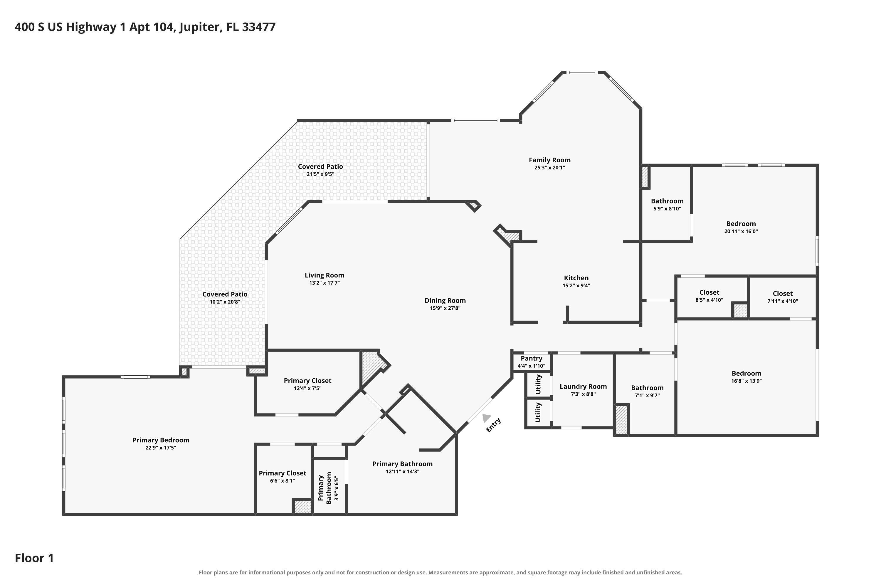 Floor plan showing three bedrooms, living and dining rooms, kitchen, family room, and two covered patios.