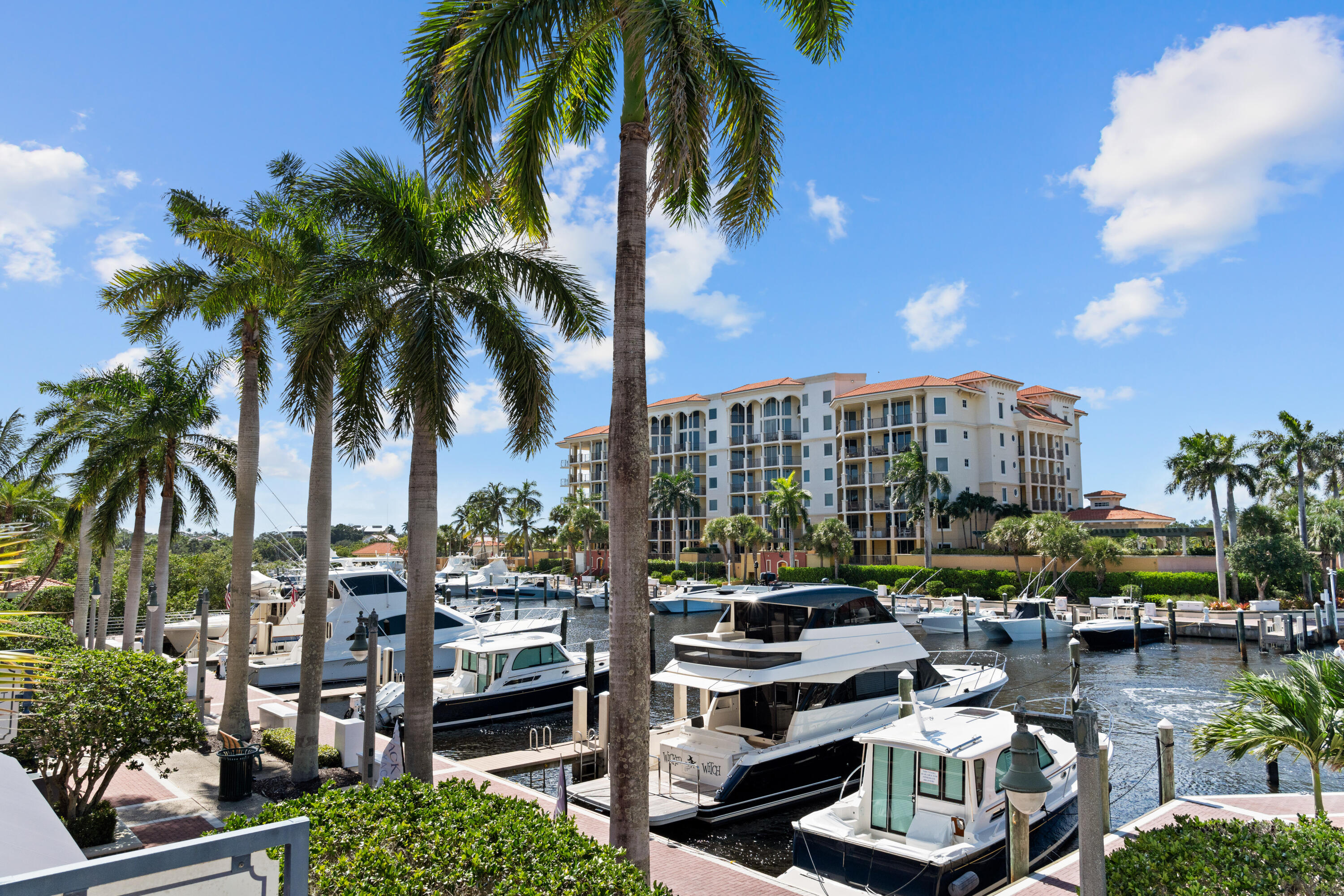 Condominium overlooking a marina filled with boats, framed by tall palm trees.