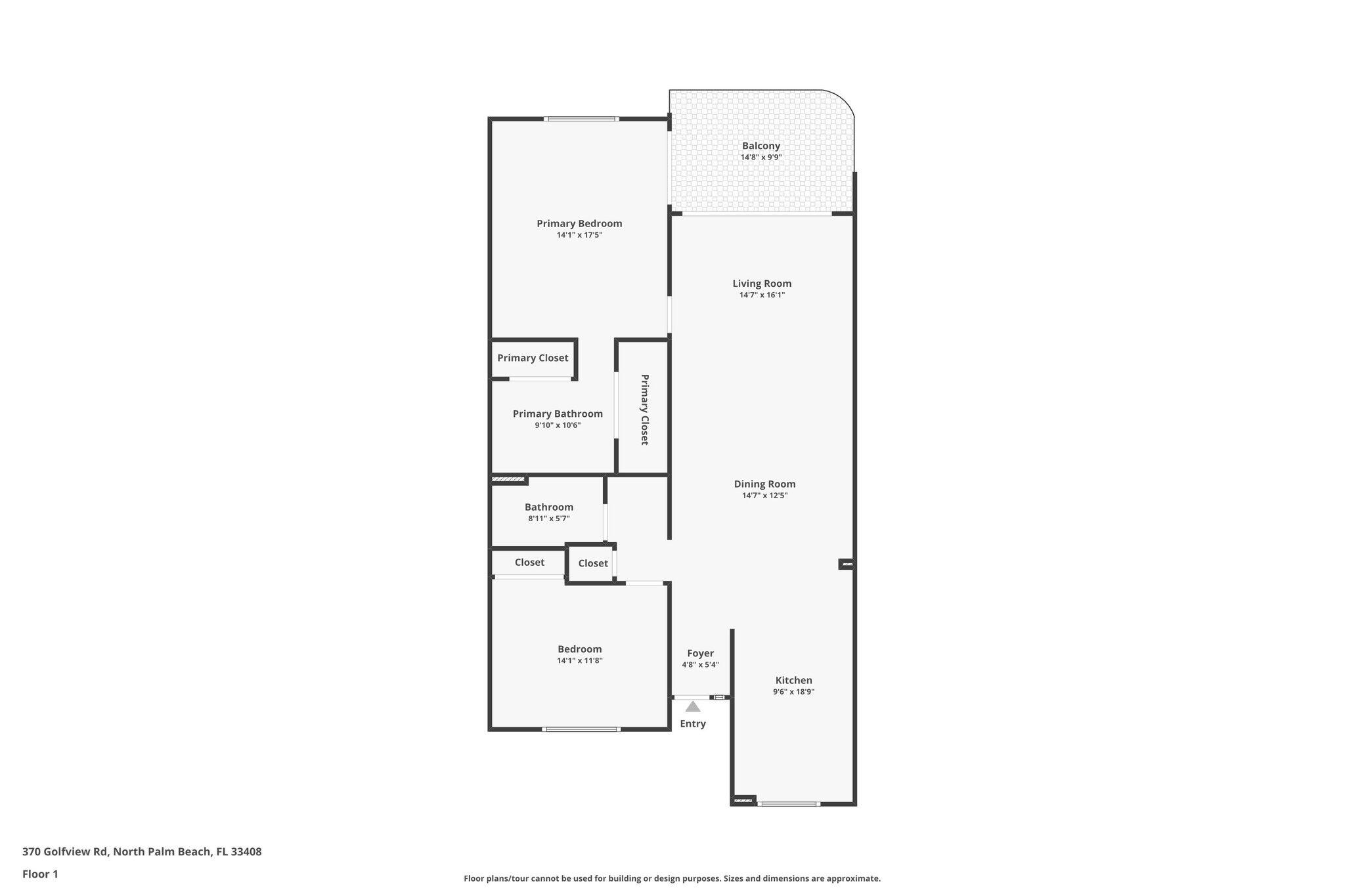 Floor plan showing two bedrooms, two bathrooms, living and dining rooms, kitchen, and a balcony.