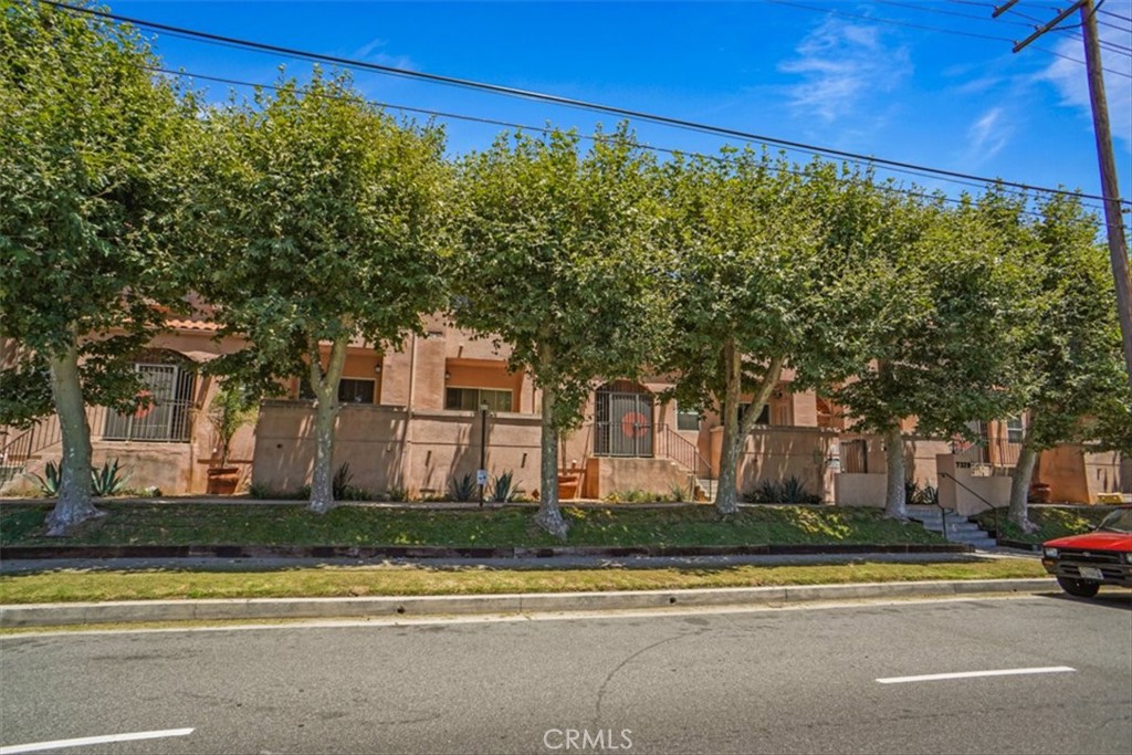 Tan multi-unit building behind mature street trees, viewed from across the road.