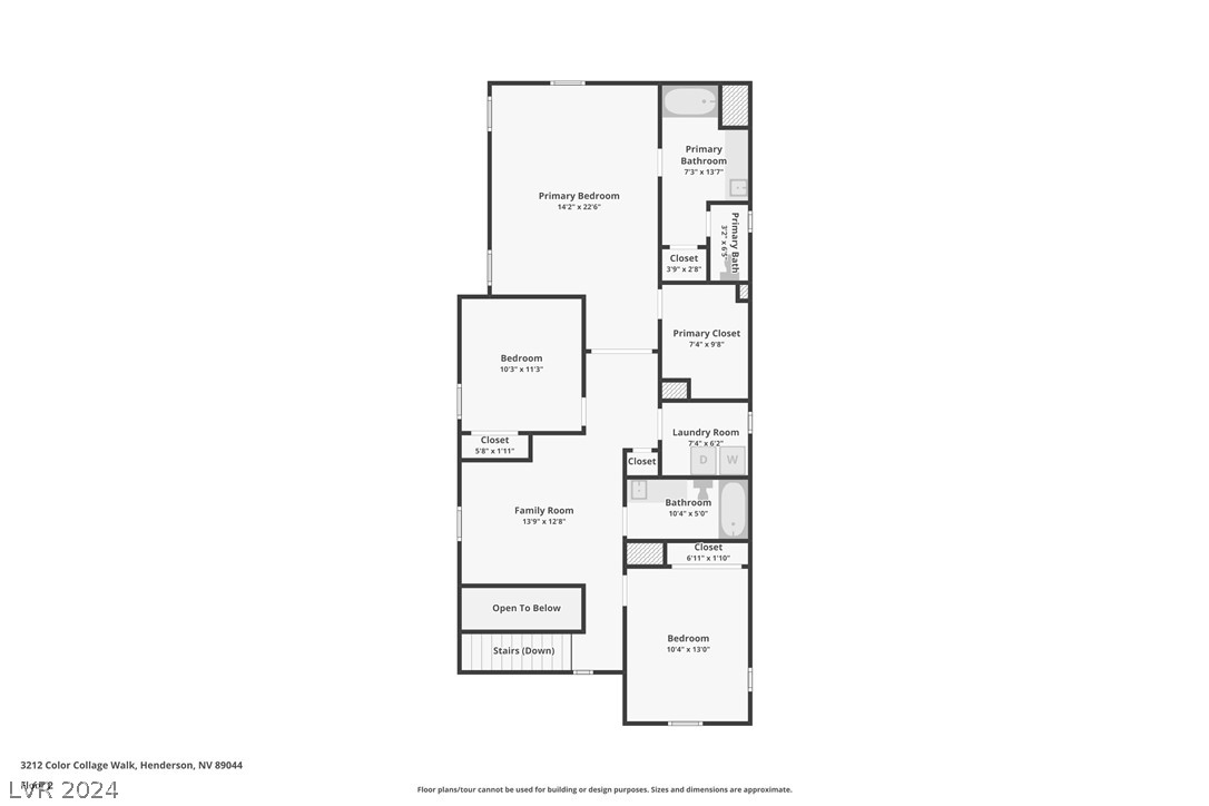 Second-floor floor plan with a primary suite, two bedrooms, family room, laundry room, and open-to-below area.