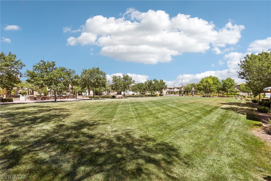 Community park with a broad green lawn, mature trees, benches, and a playground in the distance.