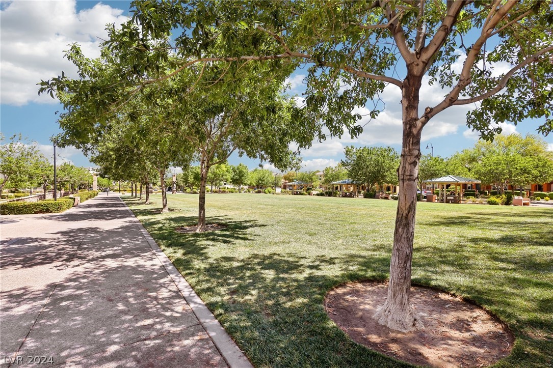 Community park with a tree-lined walkway, broad lawn, and pavilion shelters.
