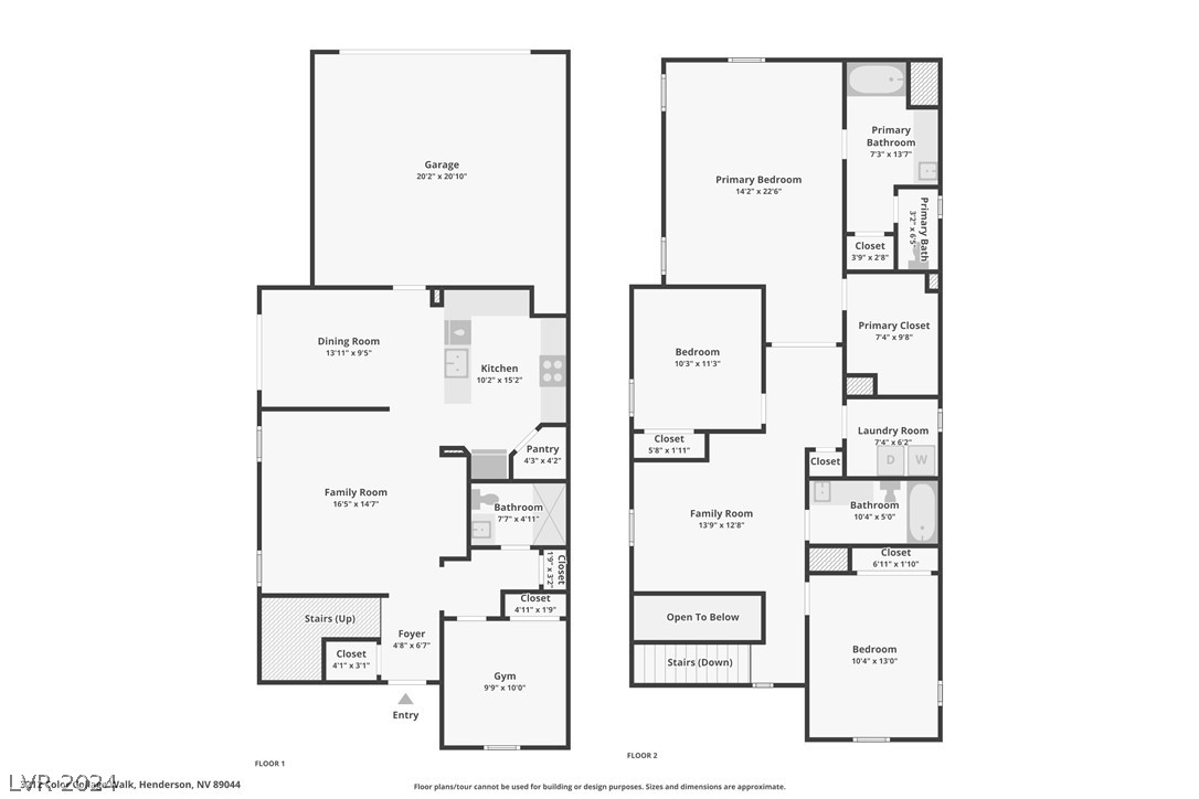 Two-story floor plan showing room layouts, including a first-floor gym and second-floor open-to-below area.