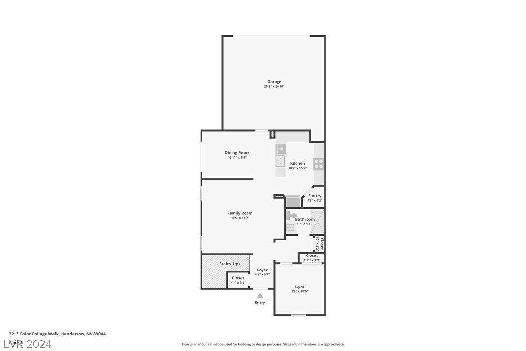Floor plan of 3212 Color Collage Walk, showing a garage, kitchen, dining and family rooms, bathroom, and gym.