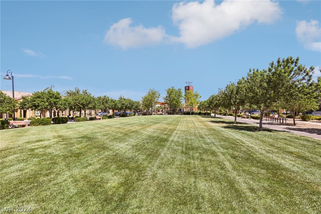 Neighborhood park with a wide lawn, rows of trees, and benches.