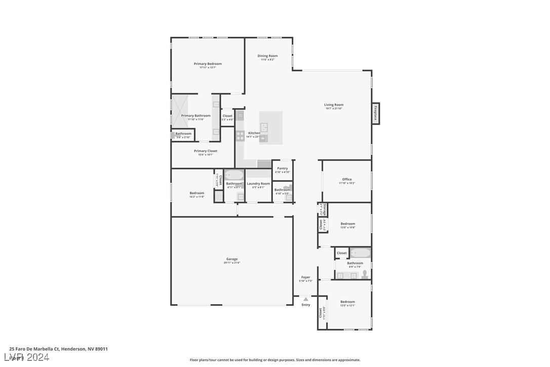 Floor plan showing the home's rooms, including a large garage, central kitchen and living room, and several bedrooms.