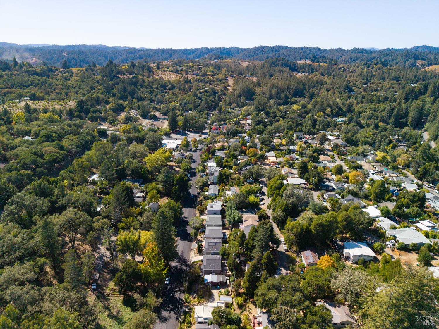 Aerial view of a tree-lined neighborhood with wooded hills in the distance.