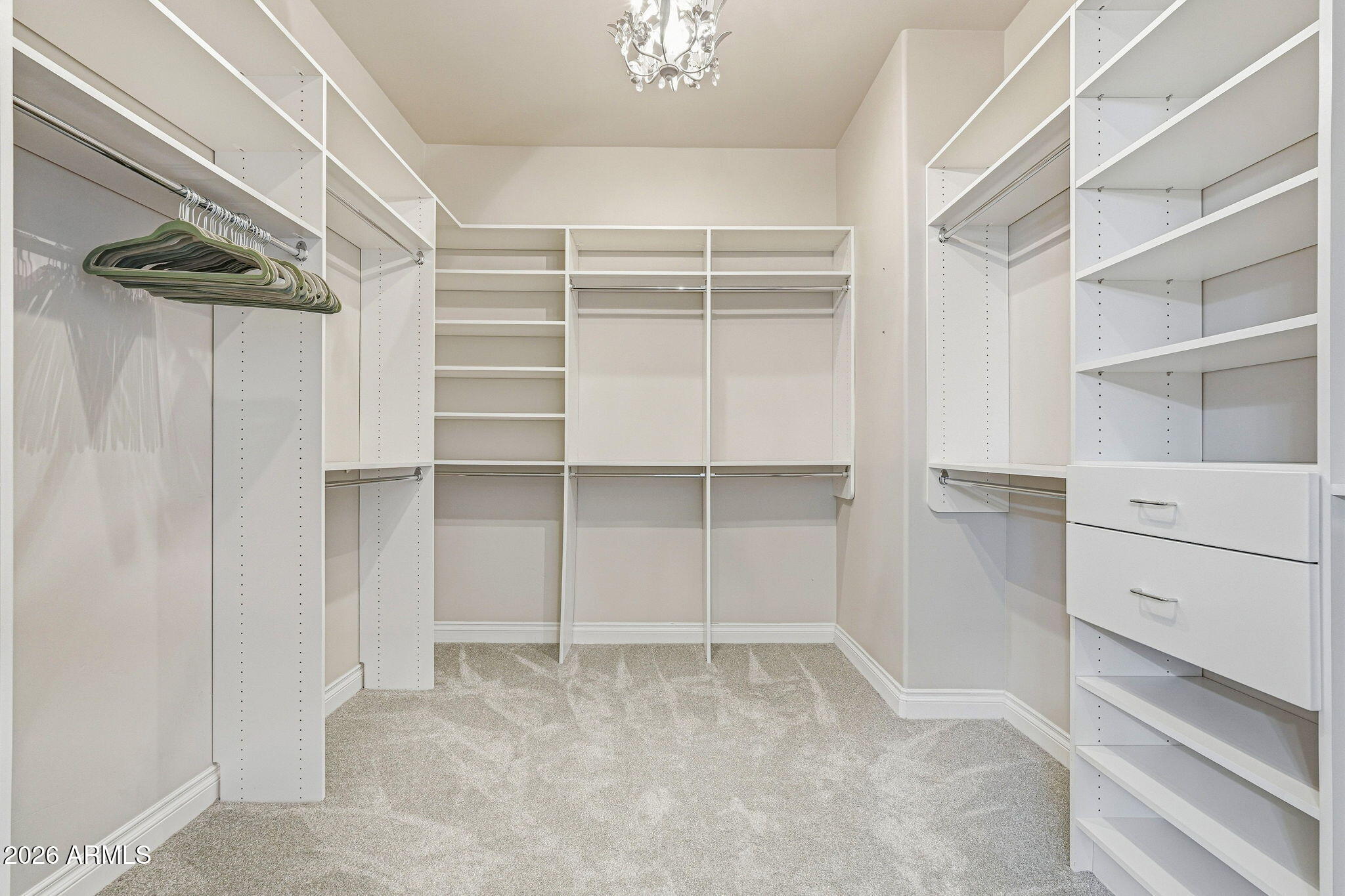 Walk-in closet with extensive white built-in shelving, hanging rods, drawers, and carpet.