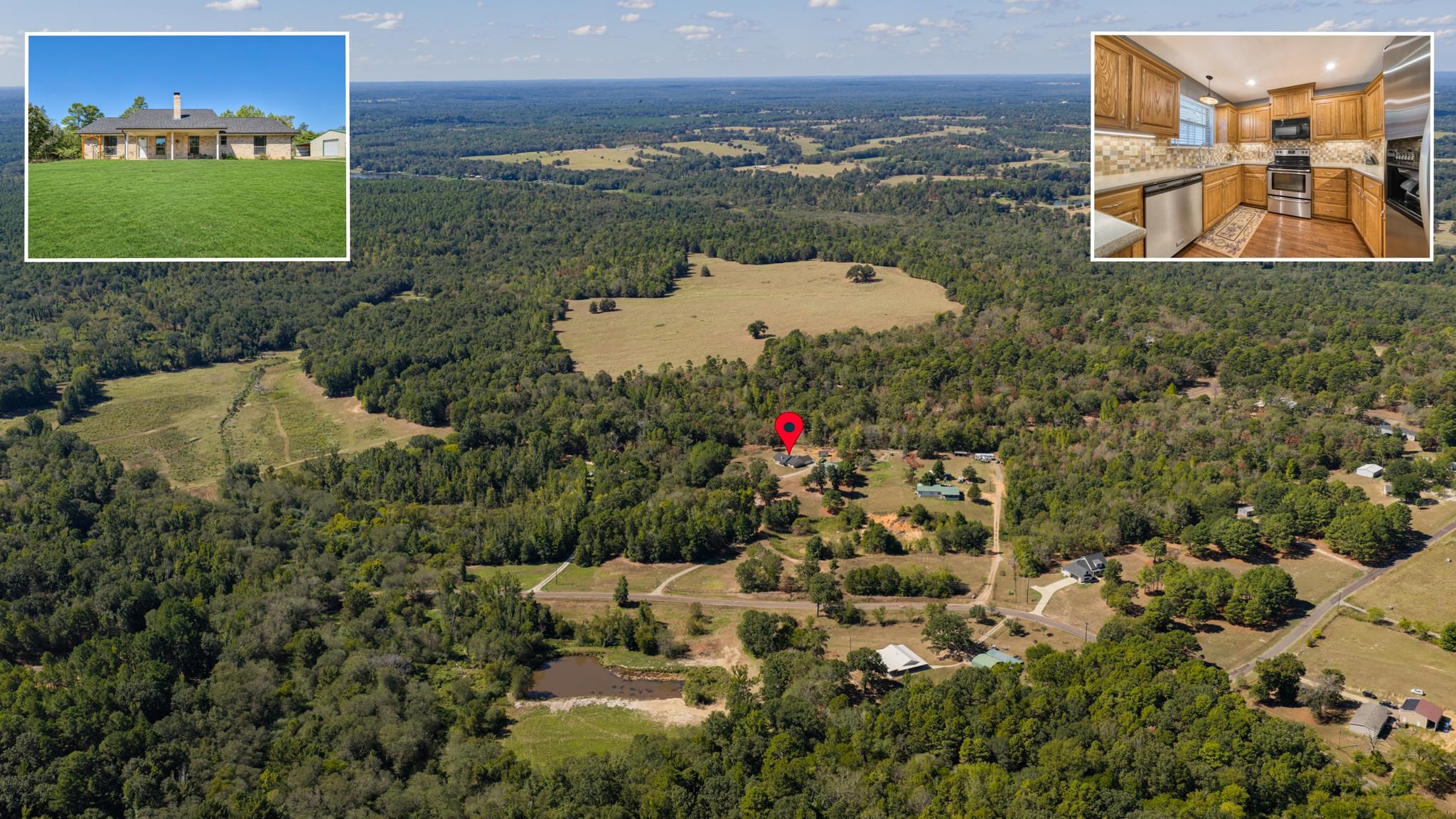 Aerial view of wooded acreage with a home, open fields, pond, and kitchen inset.