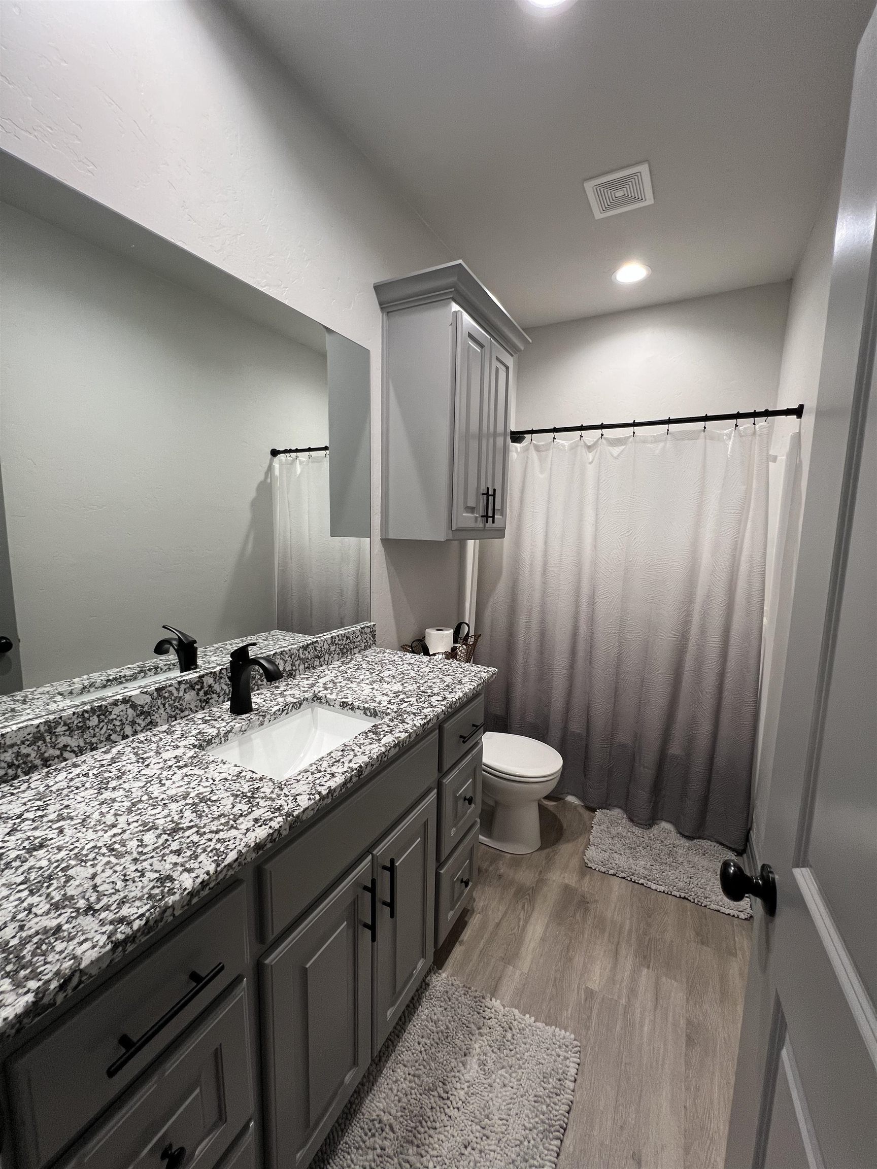 Bathroom with a gray vanity and granite countertop beside a curtained bathtub.