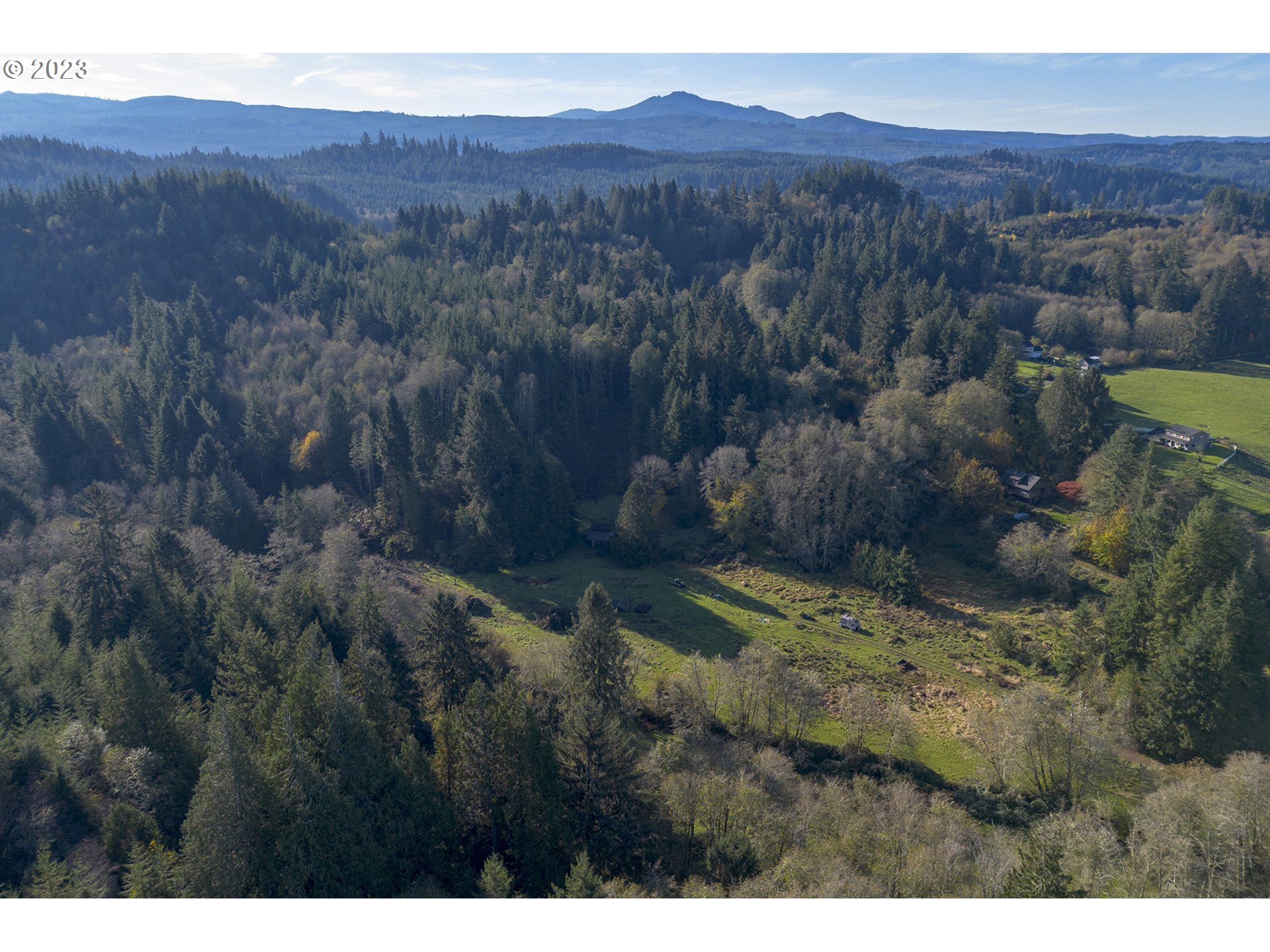 Aerial view of forested acreage and open fields, with scattered homes and a distant mountain ridge.