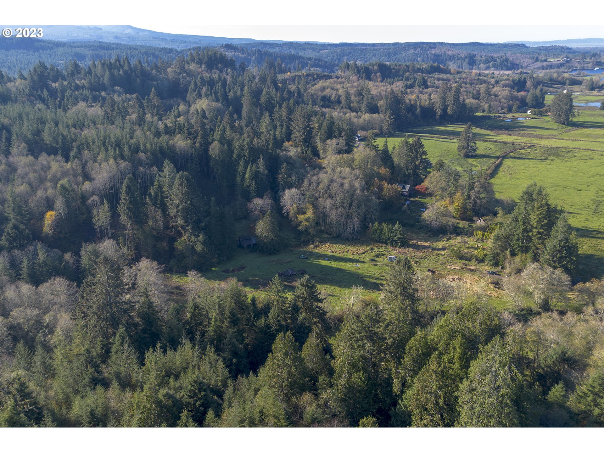 Aerial view of forested acreage surrounding grassy clearings and scattered outbuildings.