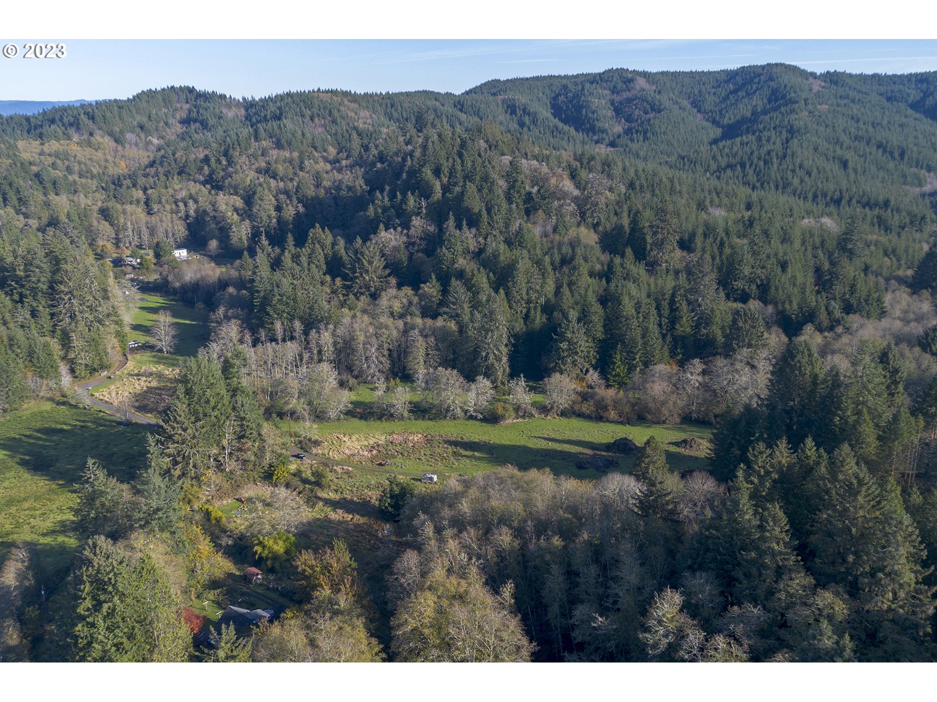 Aerial view of forested rural acreage with grassy clearings, scattered homes, and a winding driveway.