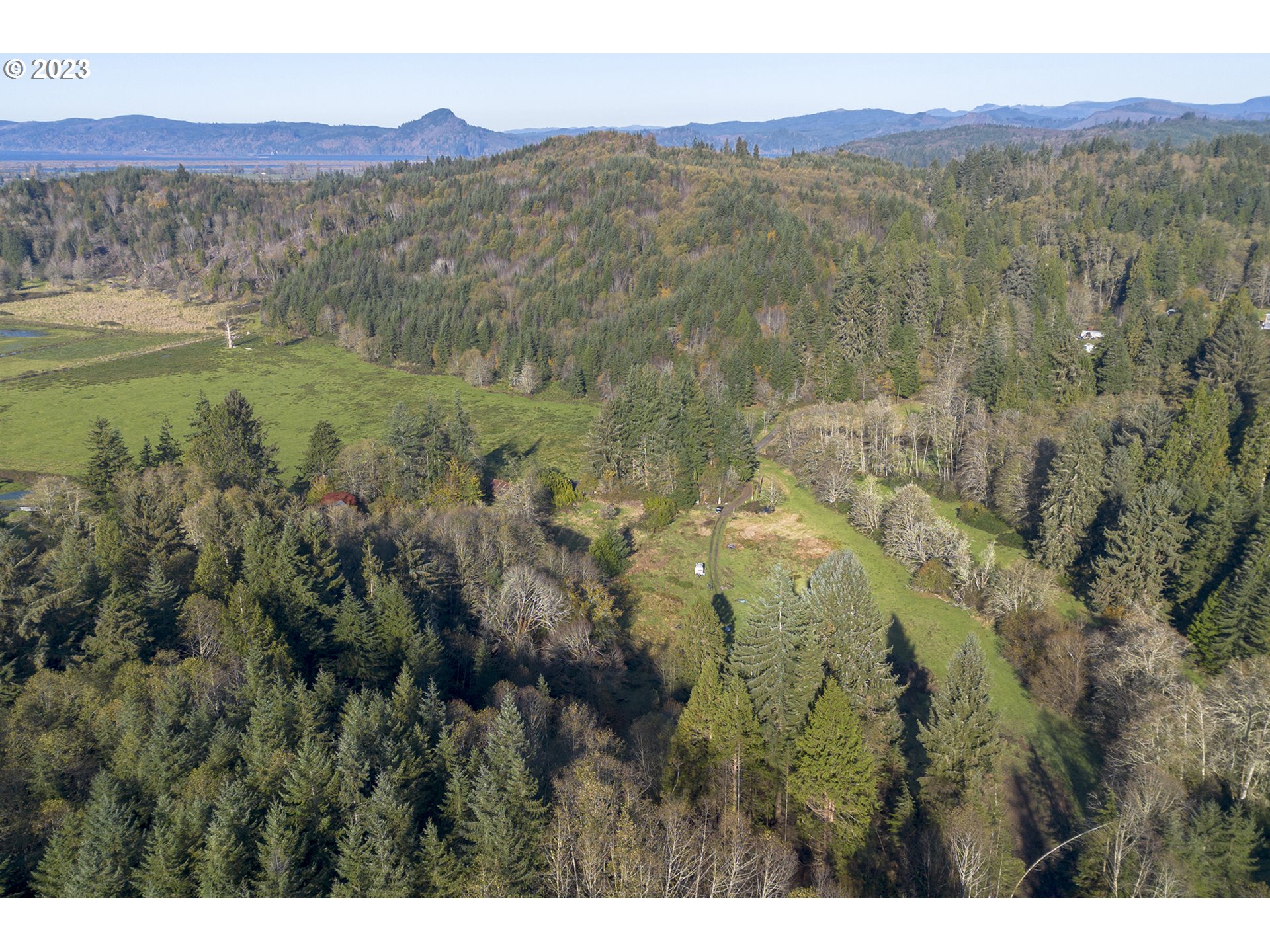 Aerial view of forested acreage with grassy clearings, a winding driveway, and distant mountain ridges.