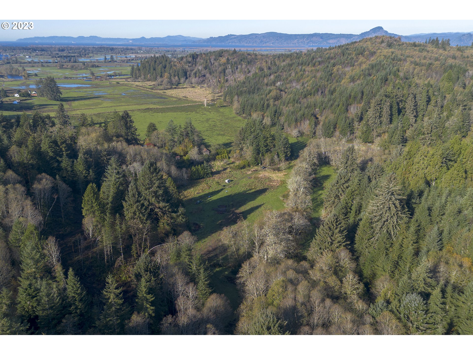 Aerial view of a forested property with a grassy clearing, wetlands, and distant mountains.