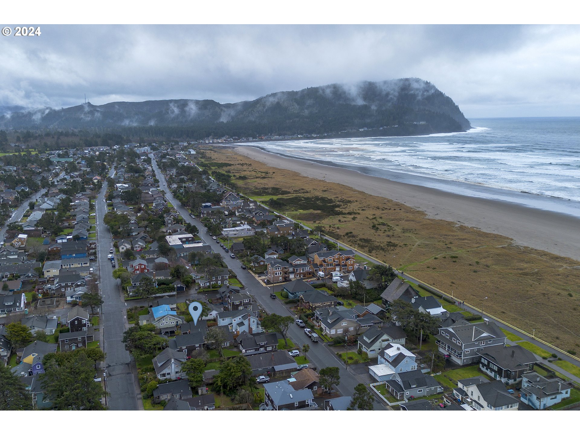 Aerial view of a coastal neighborhood, with a beach, ocean, and forested headland beyond.