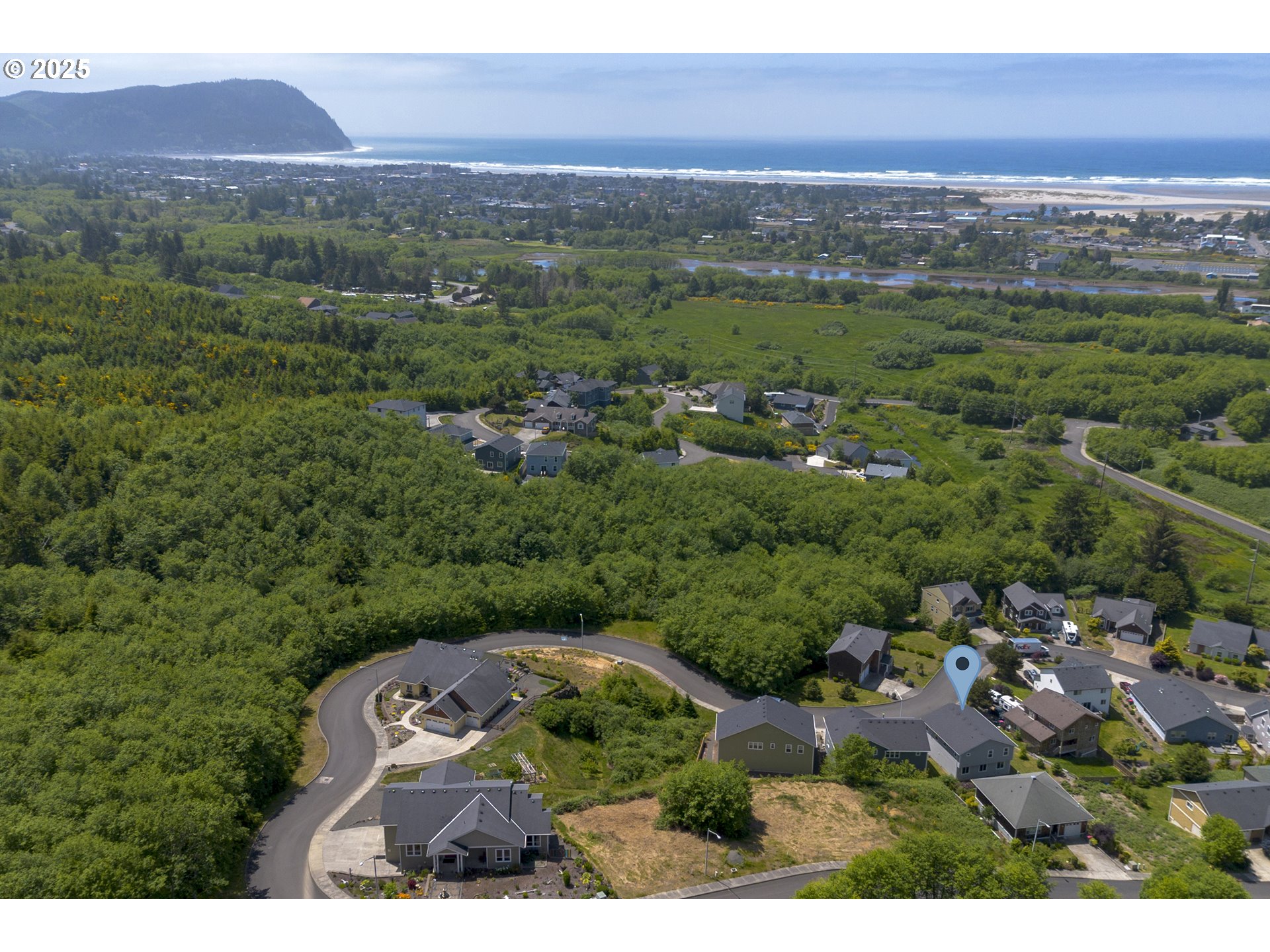 Aerial view of a coastal neighborhood amid wooded land, with the ocean and headland beyond.