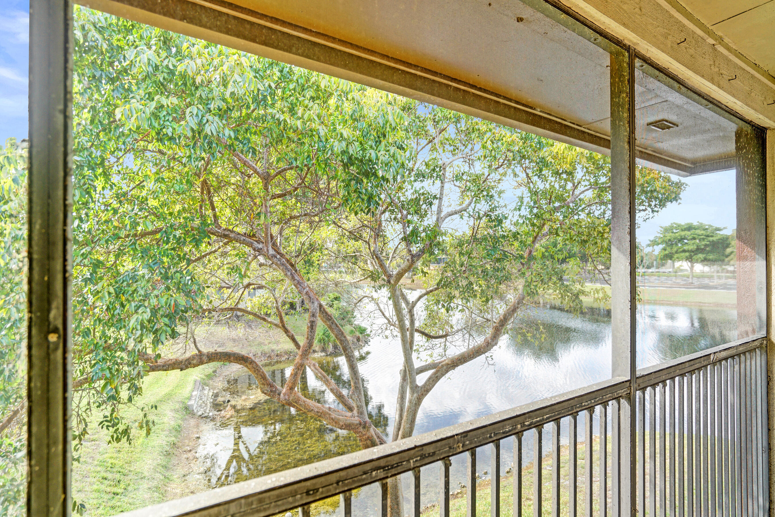 Covered condo balcony overlooks a pond shaded by leafy trees.