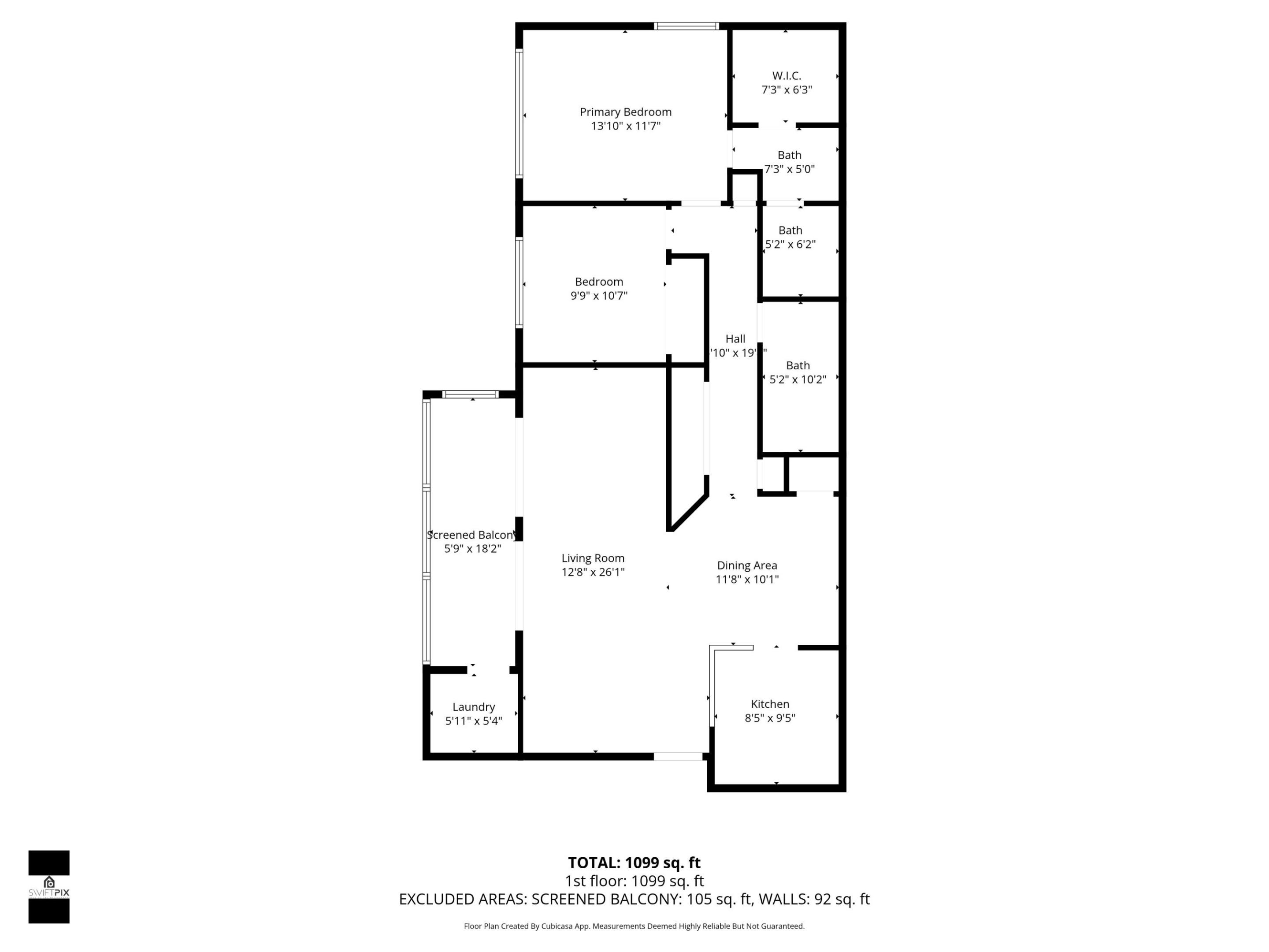 Floor plan showing two bedrooms, three baths, living and dining areas, kitchen, laundry, and screened balcony.