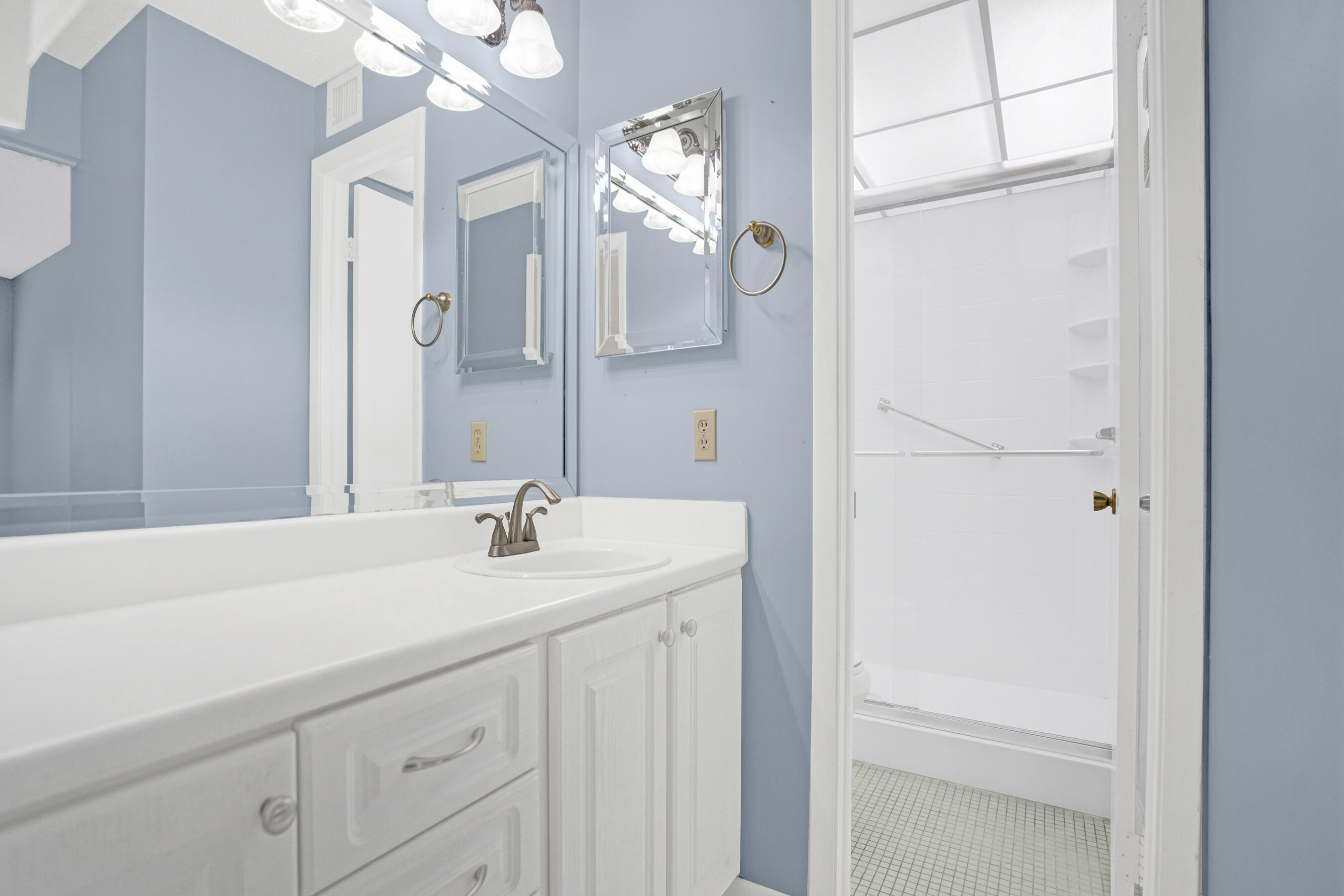 Bathroom with a white vanity and sink beside a tiled shower beneath a skylight.
