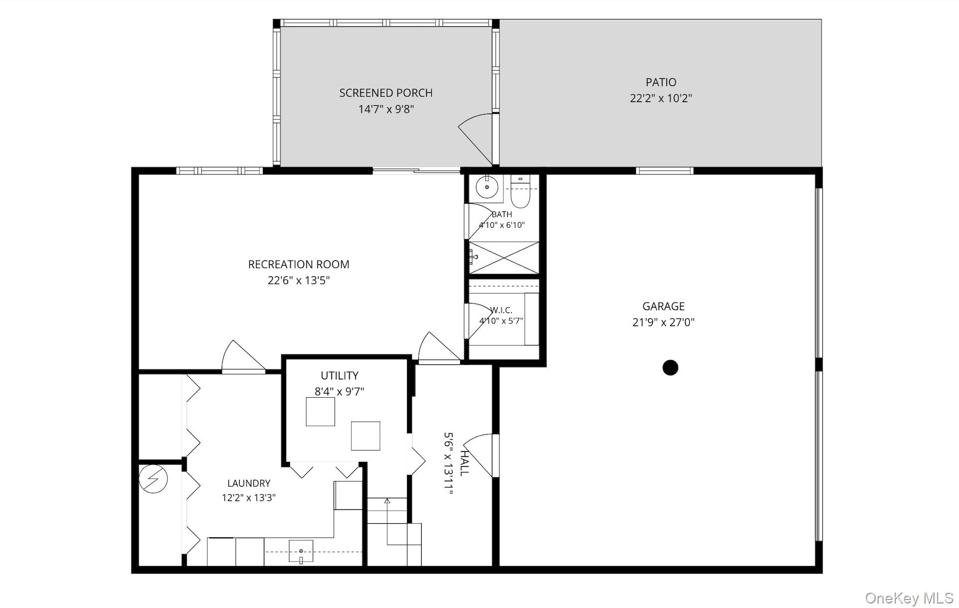 Floor plan showing recreation room, laundry, utility room, garage, screened porch, and patio.