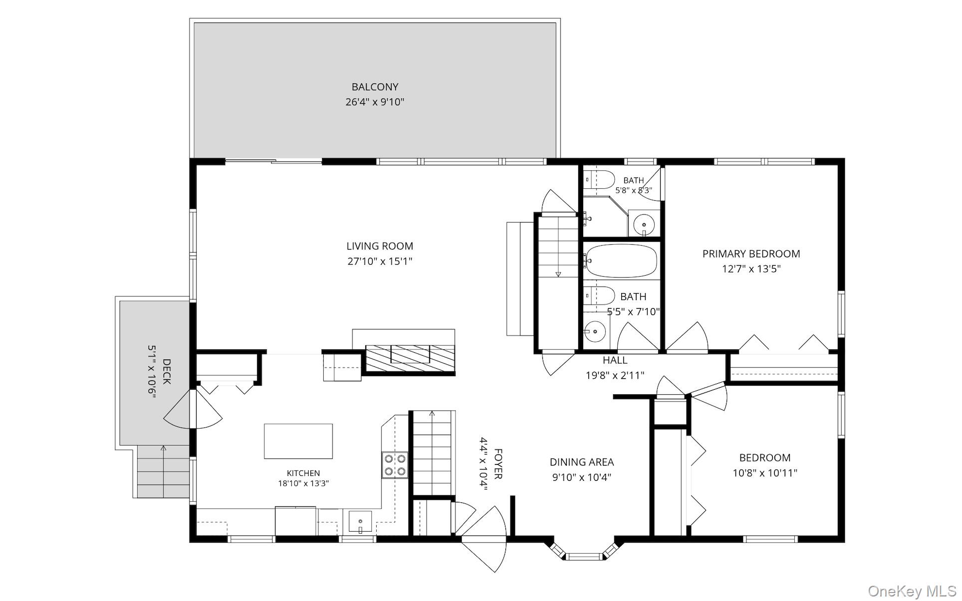 Two-bedroom floor plan with two baths, kitchen, living and dining areas, balcony, and deck.