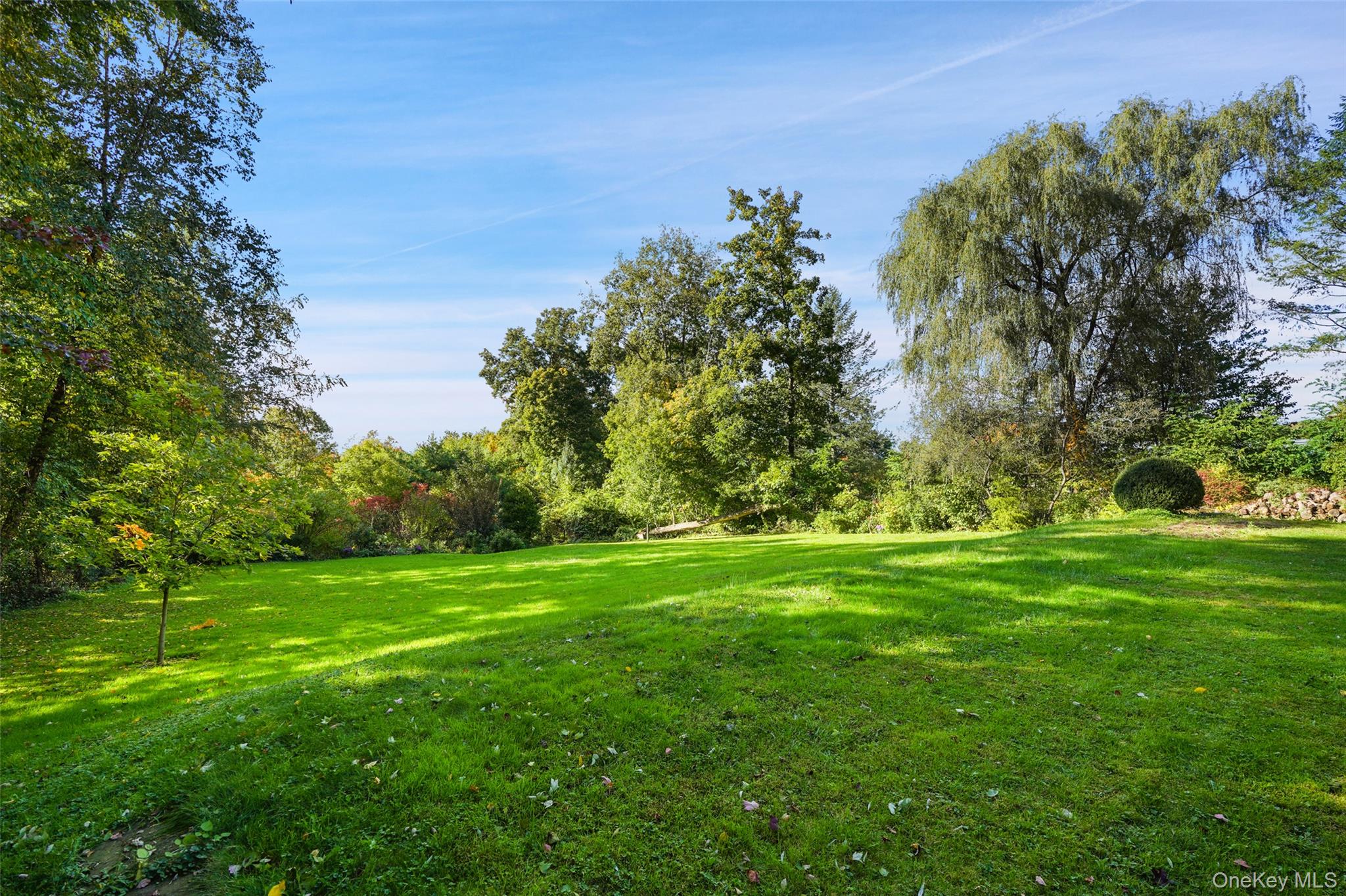 Expansive green lawn bordered by mature trees and landscaped shrubs.