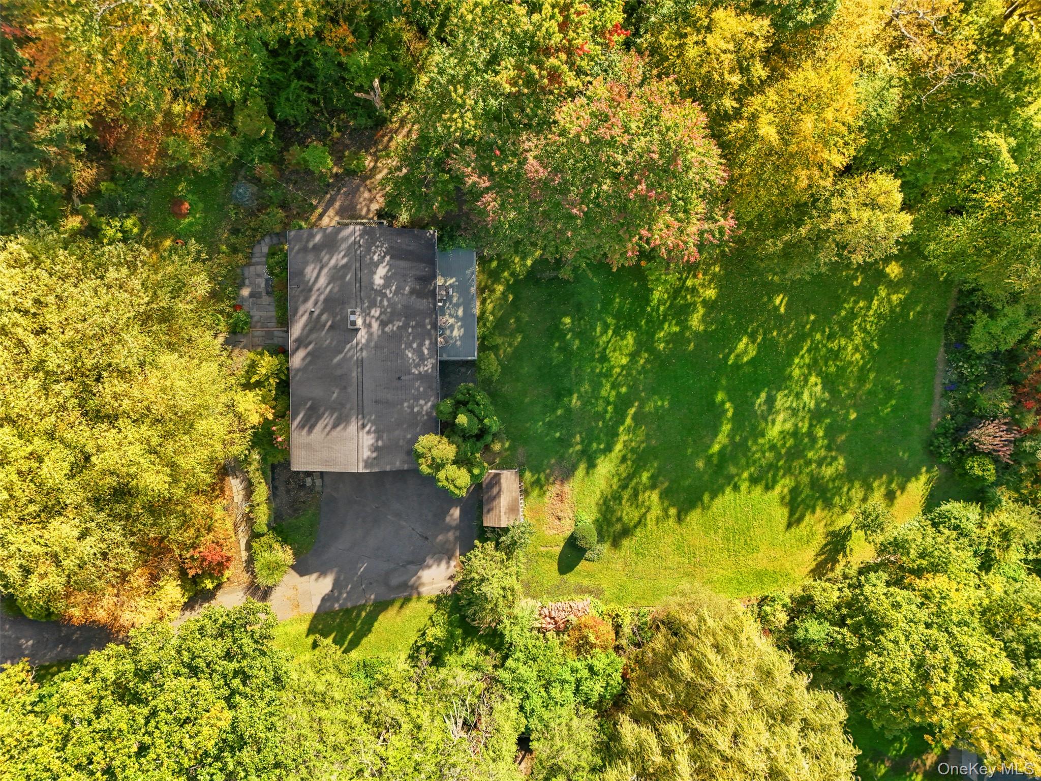 Aerial view of a house with a broad lawn, paved driveway, and mature autumn trees.