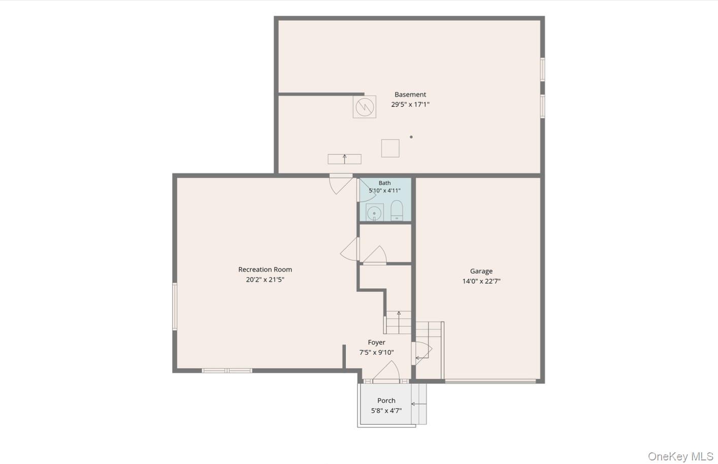 Basement floor plan with a recreation room, bathroom, garage, foyer, and porch.