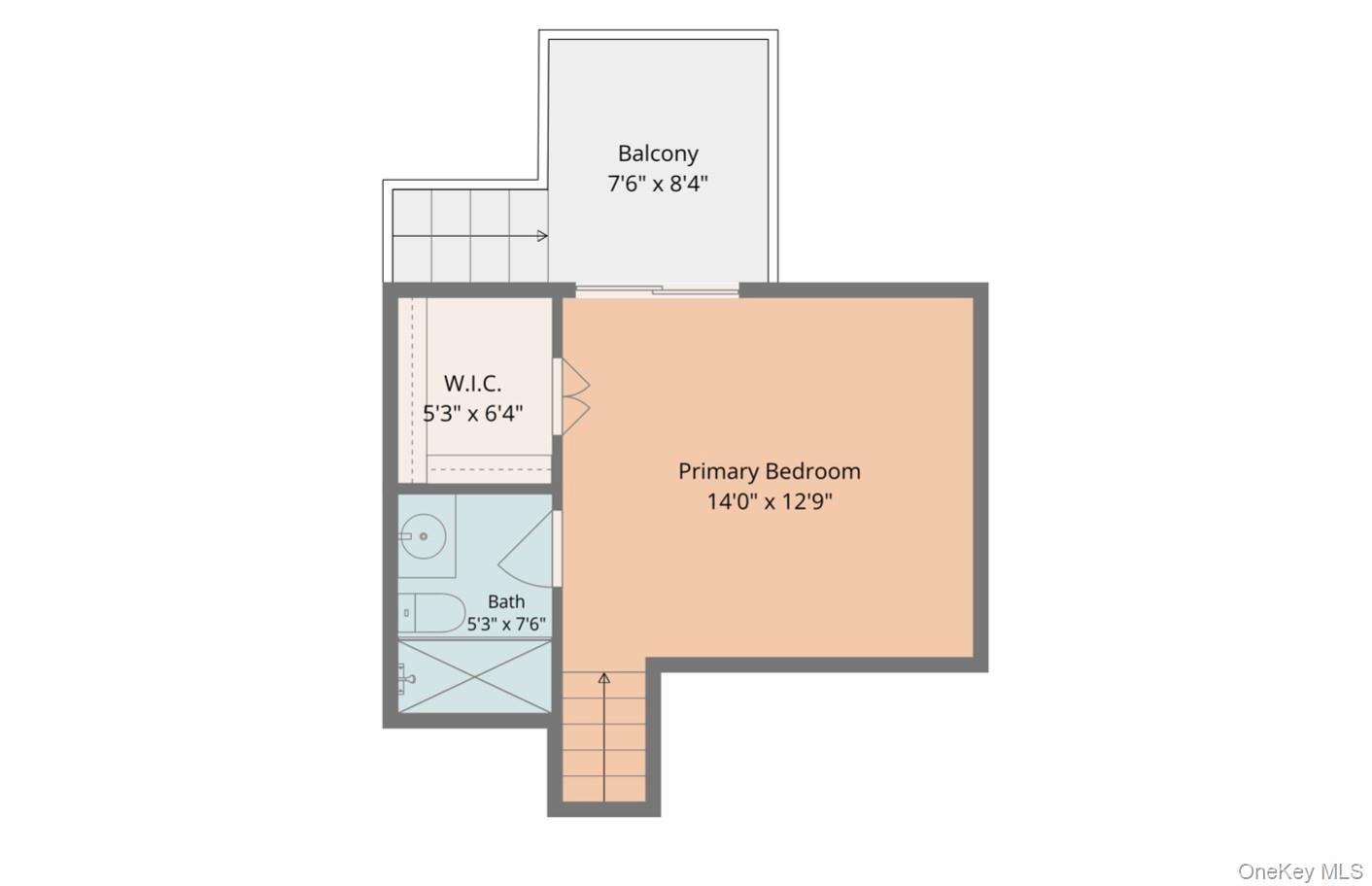 Floor plan showing a primary bedroom, walk-in closet, bathroom, balcony, and stairs.