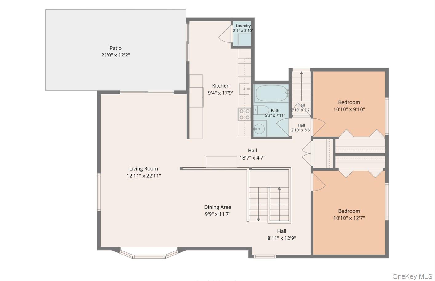 Floor plan with two bedrooms, living and dining areas, kitchen, bathroom, and a large patio.