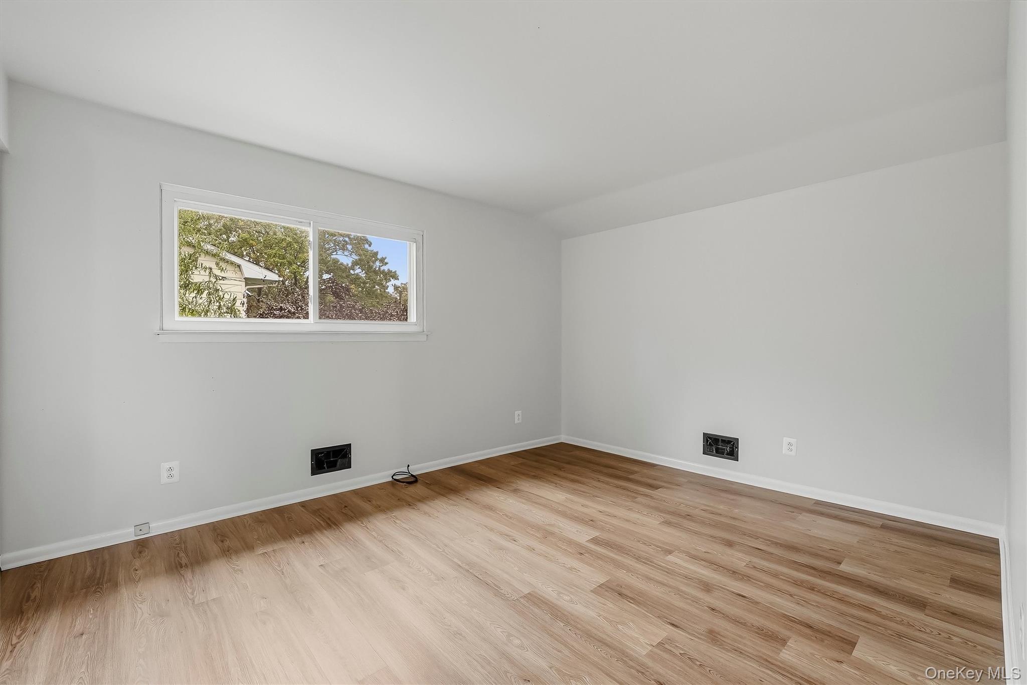 Empty room with wood plank flooring, gray walls, and a wide window