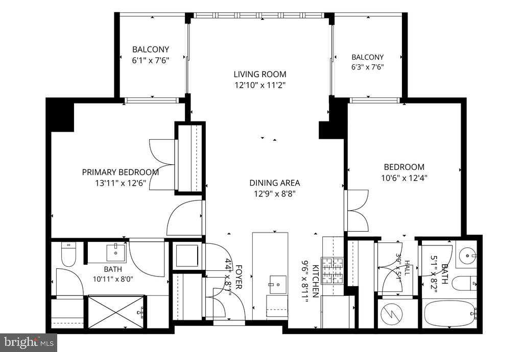 Unit 301 floor plan with two bedrooms, two balconies, living and dining areas, kitchen, and two bathrooms.