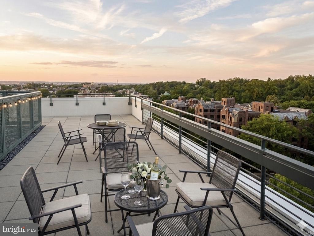 Rooftop terrace with metal seating and dining table overlooking trees and nearby buildings at sunset.
