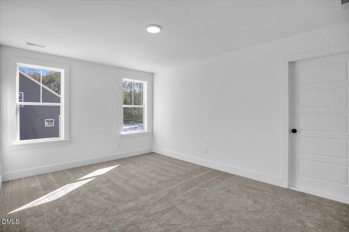 Vacant bedroom with beige carpet, two windows, and a white paneled door.