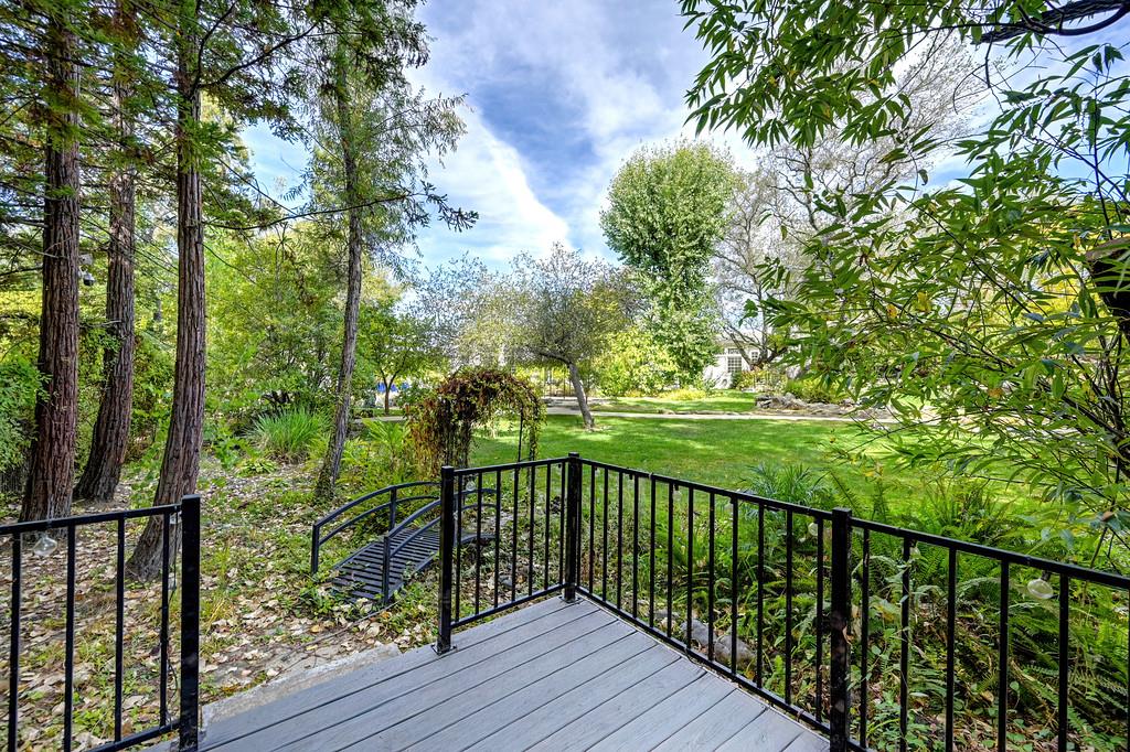Backyard garden with a small arched footbridge, lawn, and tree-framed deck.