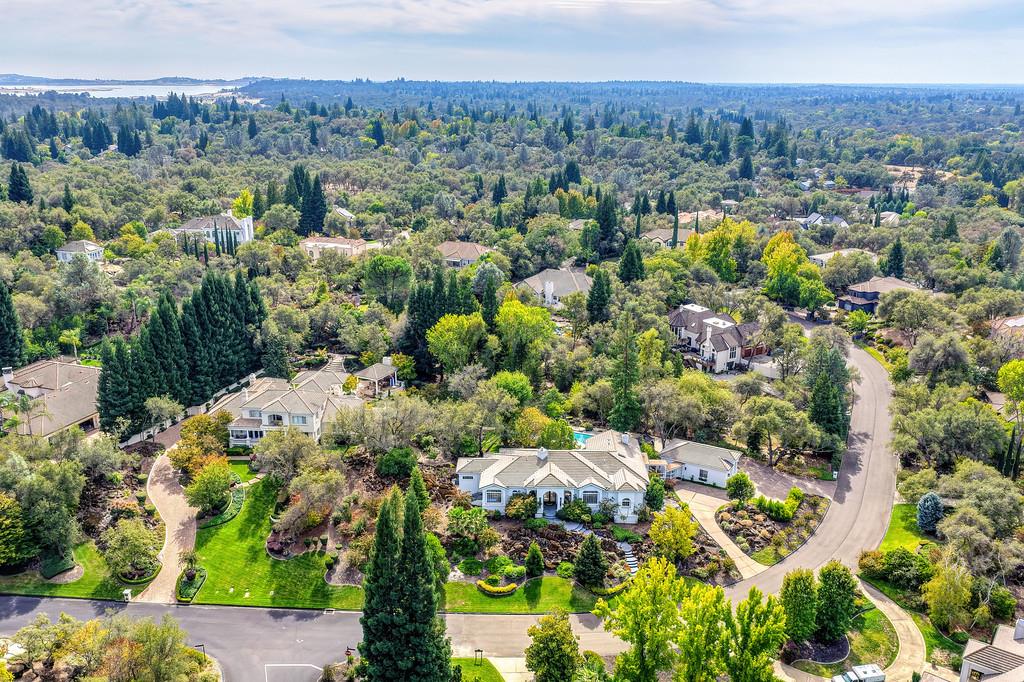 Aerial view of a landscaped home amid tree-lined streets, with water visible in the distance.