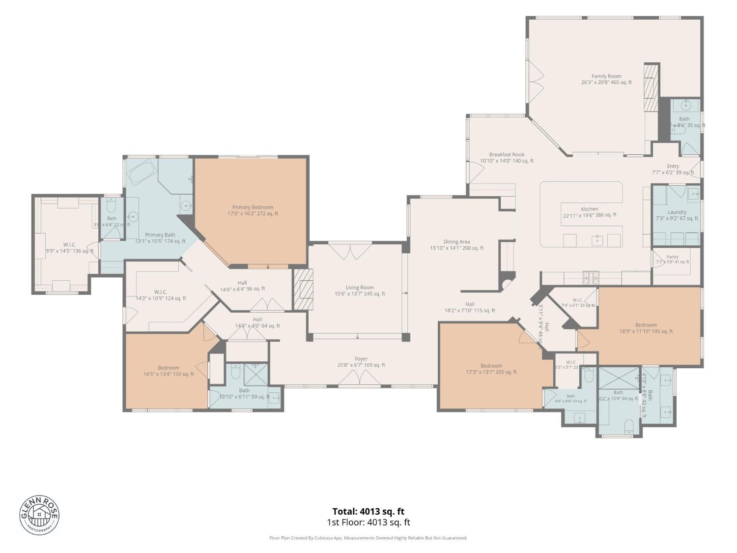 Floor plan showing the home’s bedrooms, bathrooms, kitchen, living areas, and 4,013-square-foot total.