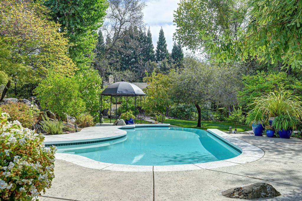Curved swimming pool and stone patio surrounded by mature trees and a gazebo.