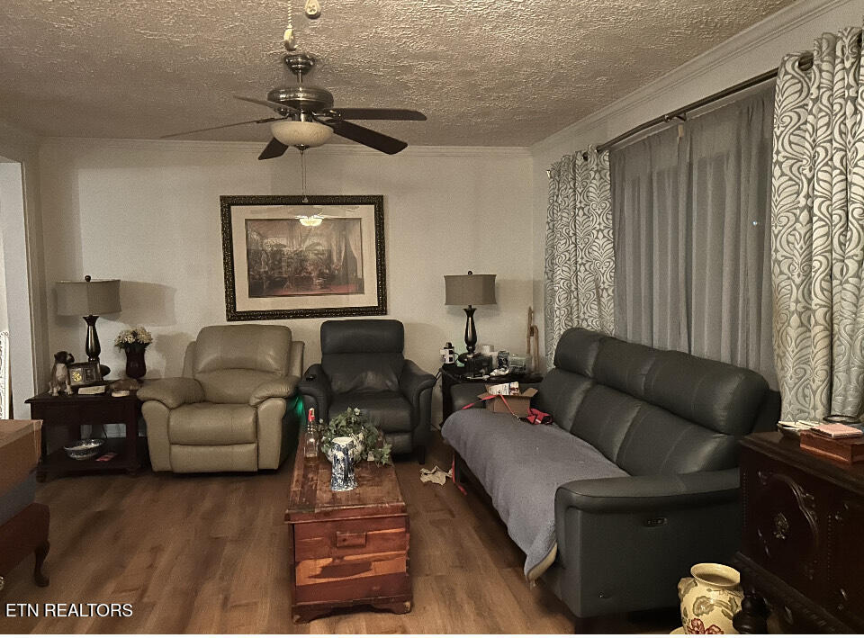 Furnished living room with hardwood floors, a ceiling fan, and patterned curtains.
