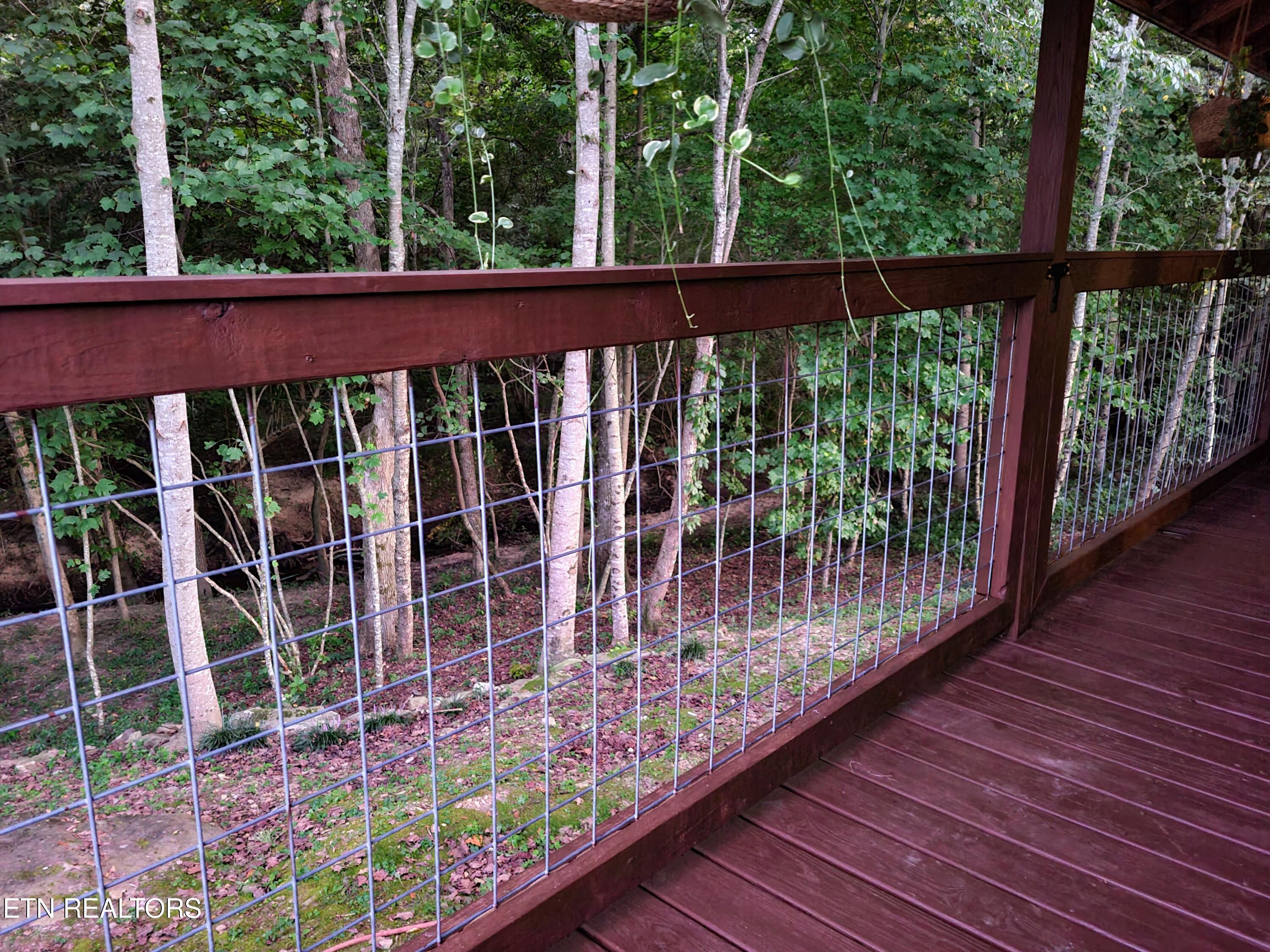 Wooden deck with metal-grid railing overlooking a leafy wooded area.