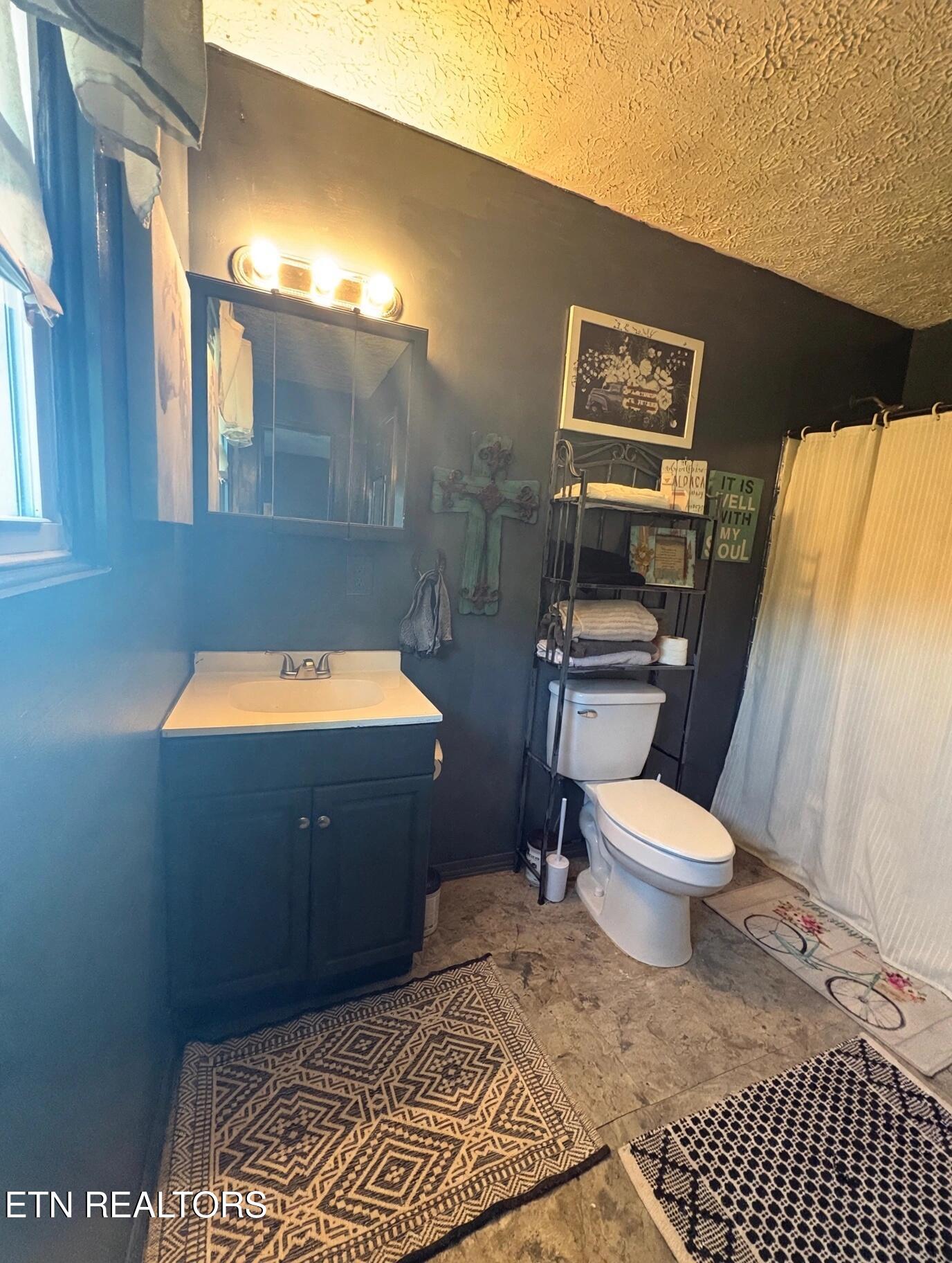 Bathroom with a teal vanity, white sink and toilet, metal shelving, and patterned rugs.