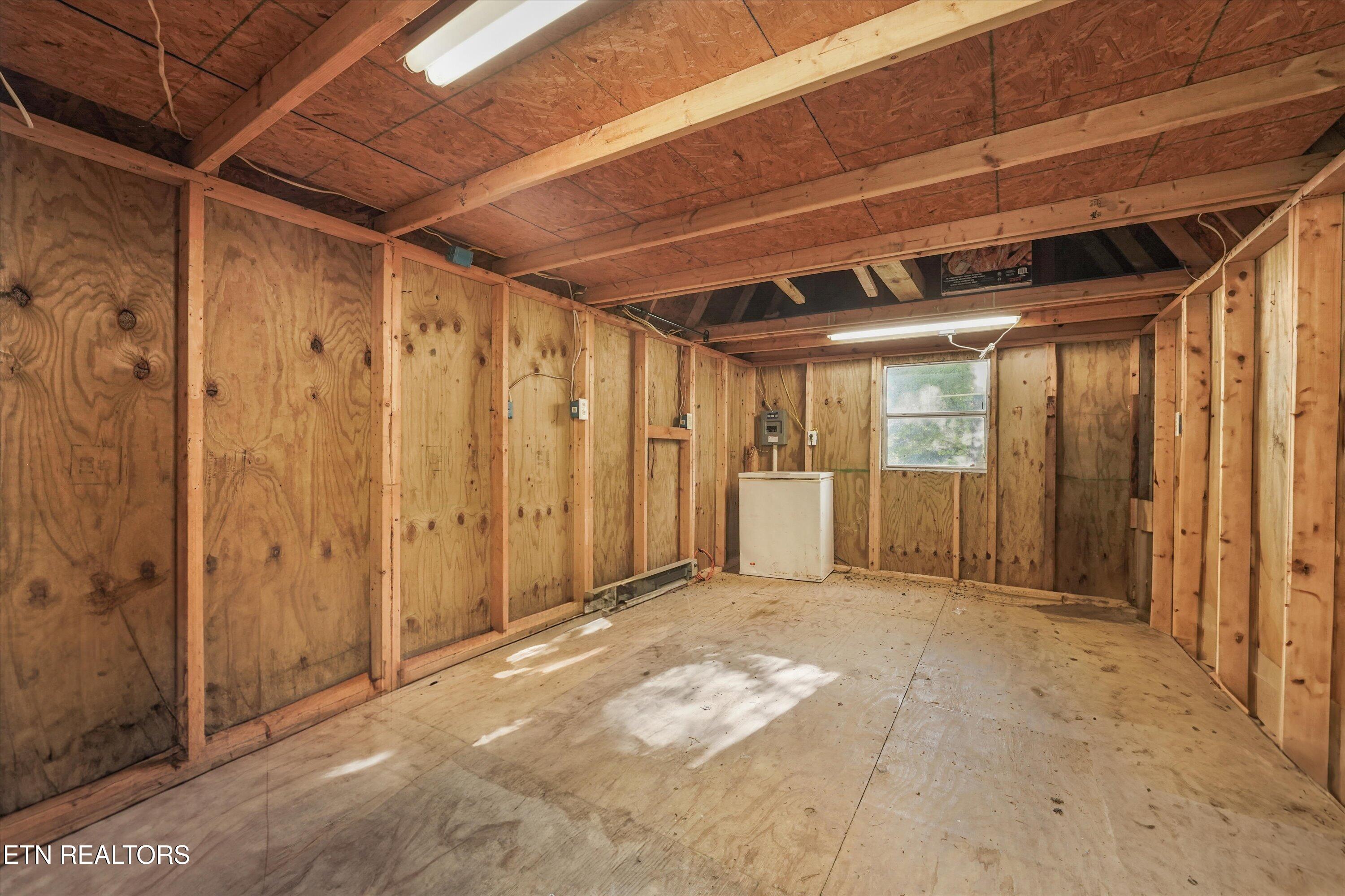 Unfinished plywood garage with exposed framing, a chest freezer, and a window.